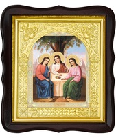 Икона Святой Троицы 17-ФТ-183 26х29 см деревянный фигурный тёмный киот,  лик 15х18, оклад (риза) золото