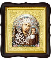 Икона Богородицы Казанской 17-ФТ-188 26х29 см деревянный фигурный тёмный киот, лик 15х18 эмаль №2, оклад (риза) золото