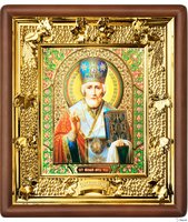 Икона Николая Чудотворца 31-П-175 24х27 см деревянный прямой киот, лик 15х18 Софрино эмаль, оклад (риза) золото