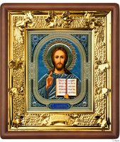 Икона Иисус Христос 31-П-18 24х27 см деревянный прямой киот, лик 15х18 Софрино узор, оклад (риза) золото