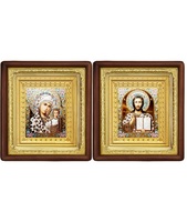 Венчальная пара Икона Спасителя и Казанской Божьей Матери 19-ВП-15 21х24 см деревянный прямой глубокий киот, лик 10х12 эмаль №2, оклад (риза) золото