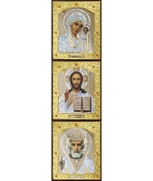 Икона Тройник, лик Софрино белая одежда 24-В-1 31х13 см деревянный прямой киот, лик 30х12 Софрино белая одежда, оклад (риза) золото