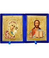 Бархатный складень с молдингом, лик 10х12 Софрино цветная одежда Б-1012-ВМ-2-С вынимающийся, с замочком и вышитым крестиком, 26х15х6 см