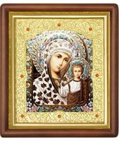 Икона Богородицы Казанской 20-П-188 24х27 см деревянный прямой киот, лик 15х18 эмаль №2, оклад (риза) золото
