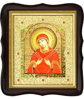 Икона Семистрельная Божья Матерь 20-ФТ-176 26х29 см деревянный фигурный тёмный киот, лик 15х18 Софрино эмаль, оклад (риза) золото