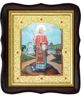 Икона Sfanta Mucenita Filofteia (Филофея) 20-ФТ-185 26х29 см деревянный фигурный тёмный киот, лик 15х18, оклад (риза) золото