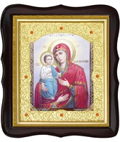 Икона Троеручица 20-ФТ-186 26х29 см деревянный фигурный тёмный киот, лик 15х18, оклад (риза) золото