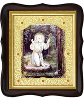 Икона Серафима Саровского на камне 20-ФТ-187 26х29 см деревянный фигурный тёмный киот, лик 15х18, оклад (риза) золото