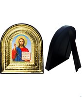 Икона Иисус Христос 32-ПЛ-20 15,5х17,5 см пластмассовый киот, лик 10х12 Софрино арочный, оклад (риза) золото.