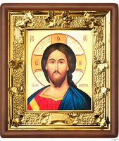 Икона Иисус Христос, лик 15х18, арт. 31-П-21 24х27 см деревянный прямой киот, лик 15х18 Софрино византия, оклад (риза) золото