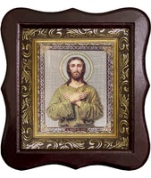 Икона Алексий человек божий Фигурный деревянный светлый киот размером 130х260х40 мм, со стеклом. Внутри багетная рамка с ОБЬЕМНЫМ -3 D лик 15х18см