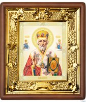 Икона Николай Чудотворец 31-П-25 24х27 см деревянный прямой киот, лик 15х18 Софрино византия, оклад (риза) золото