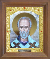 Икона Николай Чудотворец 26-П-173 17х20 см деревянный прямой киот, лик 15х18 Византия, оклад (риза) золото