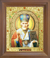 Икона Николай Чудотворец 25-П-313 12х14 см деревянный прямой киот, лик 10х12 Софрино эмаль, оклад (риза) золото