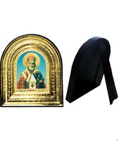 Икона Николай Чудотворец 32-ПЛ-26 15,5х17,5 см пластмассовый киот, лик 10х12 Софрино арочный, оклад (риза) золото.