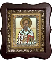 Икона Геннадий Цареградский Фигурный деревянный светлый киот размером 130х260х40 мм, со стеклом. Внутри багетная рамка с ОБЬЕМНЫМ -3 D лик 15х18см
