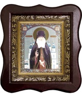 Икона Лаврентий Черниговский  Фигурный деревянный светлый киот размером 130х260х40 мм, со стеклом. Внутри багетная рамка с ОБЬЕМНЫМ -3 D лик 15х18см