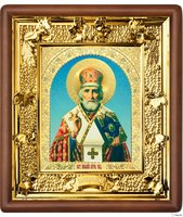 Икона Николай Чудотворец 31-П-26 24х27 см деревянный прямой киот, лик 15х18 Софрино арочный, оклад (риза) золото
