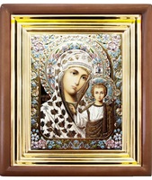 Икона Богородицы Казанской 27-П-188 22х25 см деревянный прямой киот, лик 15х18 эмаль №2, оклад (риза) золото.