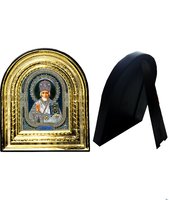 Икона Николая Чудотворца 32-ПЛ-28 15,5х17,5 см пластмассовый киот, лик 10х12 Софрино узор, оклад (риза) золото.