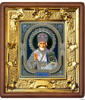 Икона Николая Чудотворца 31-П-28 24х27 см деревянный прямой киот, лик 15х18 Софрино узор, оклад (риза) золото