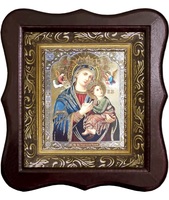 Икона Богородица Всепомогающая(страстная) Фигурный деревянный светлый киот размером 130х260х40 мм, со стеклом. Внутри багетная рамка с ОБЬЕМНЫМ -3 D лик 15х18см :