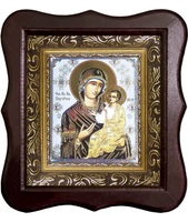 Икона Портаитисса, Иверская Божия Матери Фигурный деревянный светлый киот размером 130х260х40 мм, со стеклом. Внутри багетная рамка с ОБЬЕМНЫМ -3 D лик 15х18см
