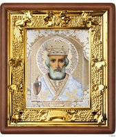 Икона Николая Чудотворца 31-П-29 24х27 см деревянный прямой киот, лик 15х18 Софрино белая одежда, оклад (риза) золото