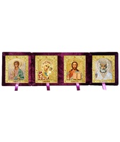 Бархатный складень четверной лик 10х12 Софрино цветная одежда Б-224-3-Б с золотым окладом, замочком и вышитым крестиком по средине, 52х15х6 см
