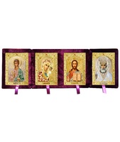 Бархатный складень четверной лик 15х18 Софрино цветная одежда Б-214-3-Б с золотым окладом, замочком и вышитым крестиком по средине, 72х21х6 см