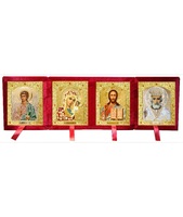 Бархатный складень четверной лик 10х12 Софрино цветная одежда Б-224-3-К с золотым окладом, замочком и вышитым крестиком по средине, 52х15х6 см