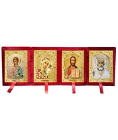 Бархатный складень четверной лик 15х18 Софрино цветная одежда Б-214-3-К с золотым окладом, замочком и вышитым крестиком по средине, 72х21х6 см