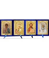 Бархатный складень четверной лик 15х18 Софрино цветная одежда Б-214-3-С с золотым окладом, замочком и вышитым крестиком по средине, 72х21х6 см