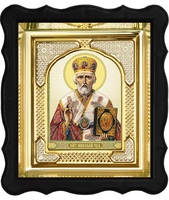 Икона Николай Чудотворец 3-ФП-25 17х19 см фигурный пластиковый киот, лик 10х12 византия, оклад (риза) золото.
