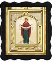 Икона Покров Пресвятой Богородицы 3-ФП-50 17х19 см фигурный пластиковый киот, лик 10х12 Тропарь, оклад (риза) золото.