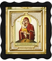 Почаевская икона Божией Матери 3-ФП-51 17х19 см фигурный пластиковый киот, лик 10х12 Тропарь, оклад (риза) золото.