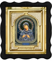 Икона Семистрельная Божья Матерь 3-ФП-53 17х19 см фигурный пластиковый киот, лик 10х12 Софрино узор, оклад (риза) золото.