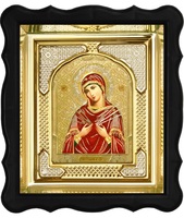 Икона Семистрельной Божией Матери 3-ФП-54 17х19 см фигурный пластиковый киот, лик 10х12 Софрино цветная одежда, оклад (риза) золото.