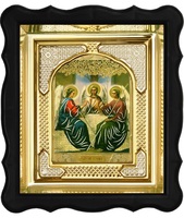 Икона Святой Троицы 3-ФП-60 17х19 см деревянный прямой киот,  лик 10х12 Софрино цветная одежда, оклад (риза) золото.