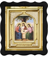 Икона Троица ветхозаветная (икона Андрея Рублева) 3-ФП-62 17х19 см фигурный пластиковый киот, лик 10х12 Тропарь оклад (риза) золото.