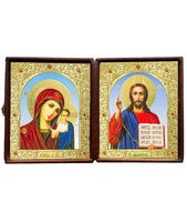 Кожаный складень не вынимающийся лик 10х12 Софрино арочный К-22-3 с золотым окладом, замочком и вышитым крестиком по средине, 32х13х6 см