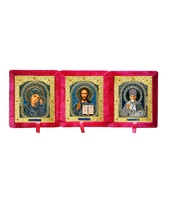 Бархатный складень тройной лик 10х12 Софрино узор Б-223-4-К с золотым окладом, замочком и вышитым крестиком по средине, 39х15х6 см