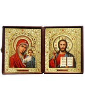 Кожаный складень не вынимающийся лик 10х12 Софрино эмаль К-22-4 с золотым окладом, замочком и вышитым крестиком по средине, 32х13х6 см