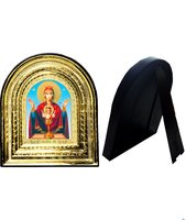 Икона Неупиваемая чаша 32-ПЛ-44 15,5х17,5 см пластмассовый киот, лик 10х12 Софрино арочный, оклад (риза) золото.