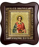 Икона Пантелеймон Целитель 1012-ФБ-48 17х20 см деревянный фигурный киот, лик 10х12 Софрино цветная одежда, оклад (риза) золото