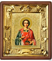 Икона Пантелеймон Целитель 31-П-48 24х27 см деревянный прямой киот, лик 15х18 Софрино цветная одежда, оклад (риза) золото