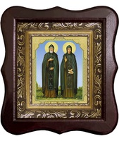 Икона Петра и Февронии 1012-ФБ-49 17х20 см деревянный фигурный киот, лик 10х12, оклад (риза) золото