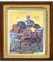 Икона Sf.Mare Mucenic Mina (Мина) 23-П-83 25х29 см деревянный прямой киот, лик 20х24, оклад (риза) золото