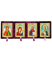 Бархатный складень четверной лик 15х18 Софрино арочный Б-214-6-Б с золотым окладом, замочком и вышитым крестиком по средине, 72х21х6 см