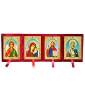 Бархатный складень четверной лик 15х18 Софрино арочный Б-214-6-К с золотым окладом, замочком и вышитым крестиком по средине, 72х21х6 см